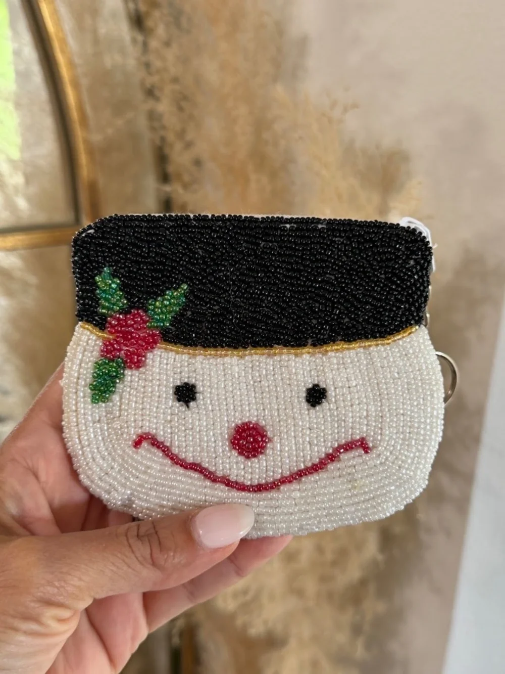 Vintage Beaded Holiday Snowman Coin Purse Keychain Ring (4.5